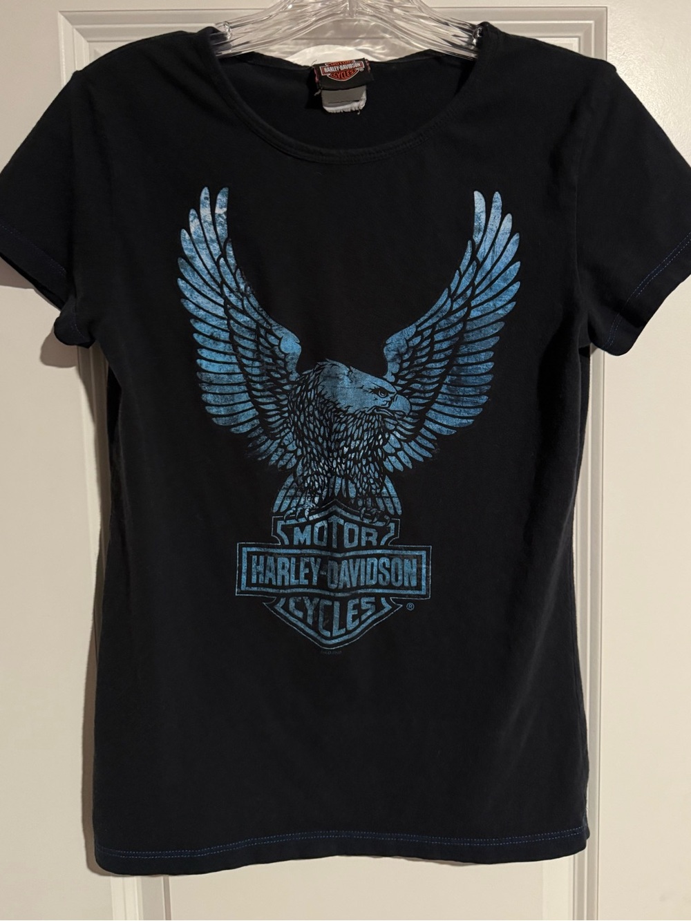 Harley-Davidson Women's Black Graphic Tee with Blue Eagle